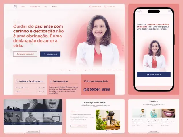 uma montagem com um website e mobile com fundo rosa claro.